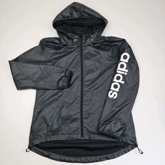 Adidas Essentials Linear Windbreaker Women M Full Zip Spell Out Black Mesh Lined - Picture 1 of 6